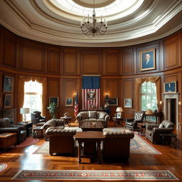 A large presidential office featuring a luxurious living room and an expansive conference room