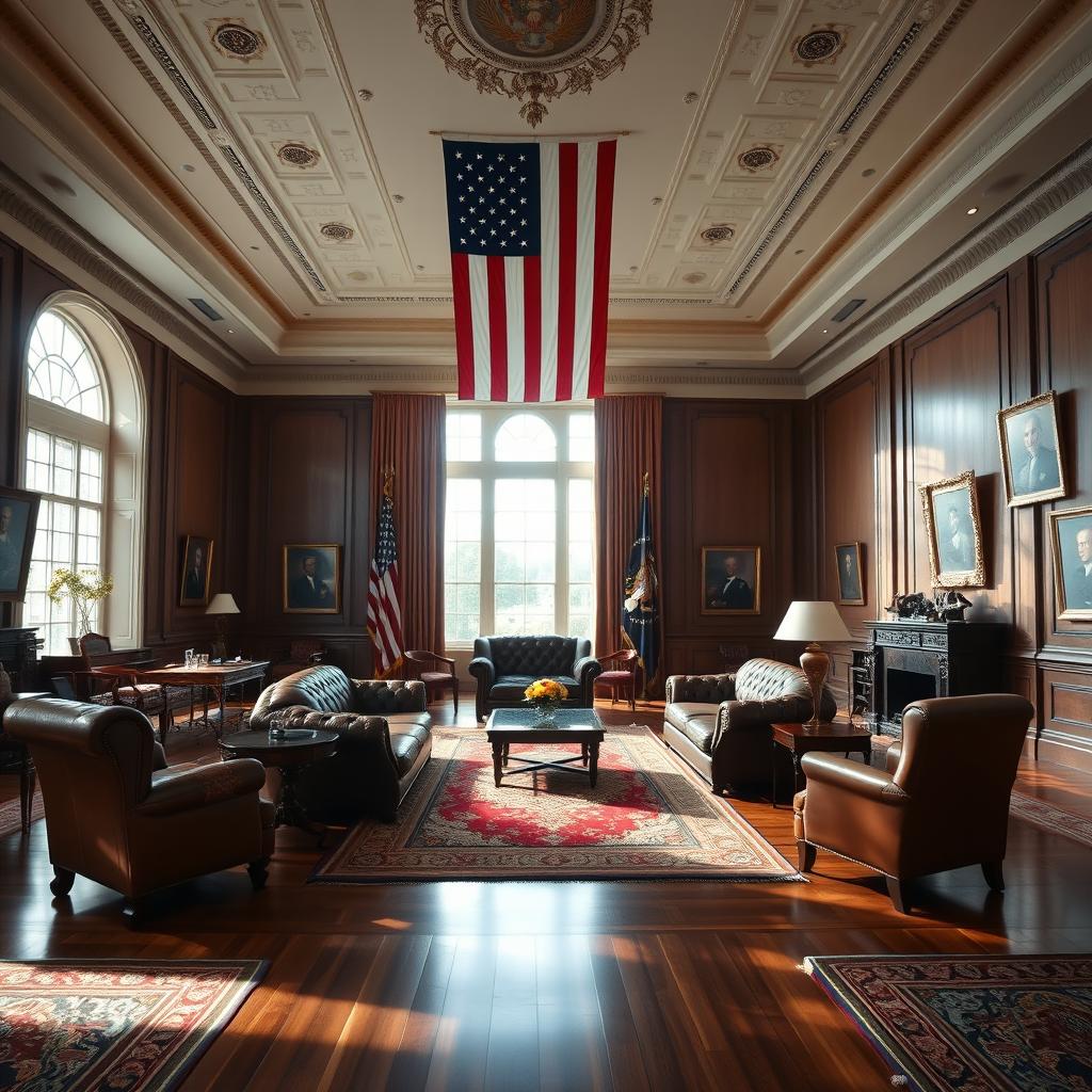 A large presidential office featuring a luxurious living room and an expansive conference room