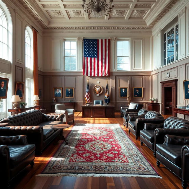 A large presidential office featuring a luxurious living room and an expansive conference room