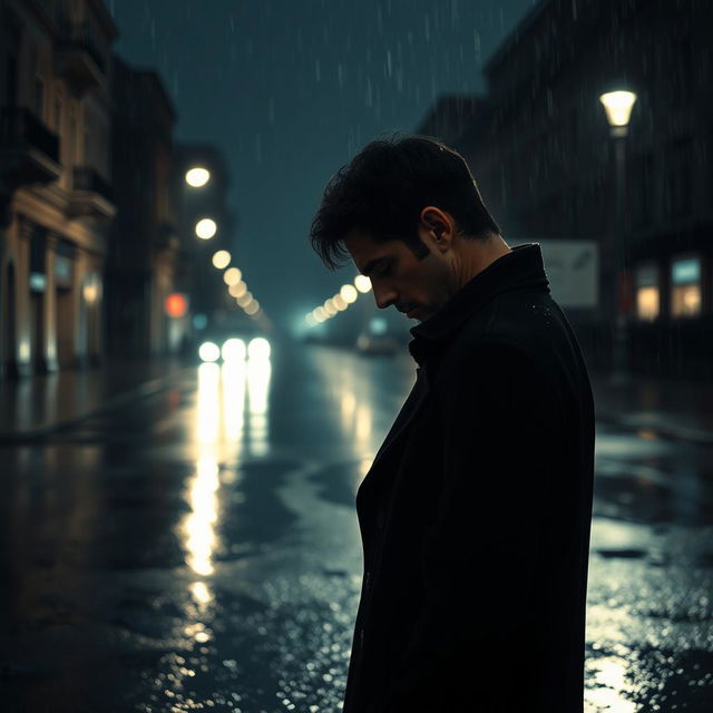 A sorrowful man standing alone under a streetlight on a rainy night