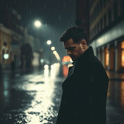 A sorrowful man standing alone under a streetlight on a rainy night