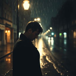 A sorrowful man standing alone under a streetlight on a rainy night