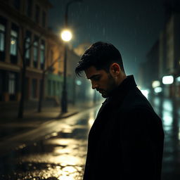 A sorrowful man standing alone under a streetlight on a rainy night