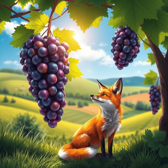 A picturesque landscape scene featuring a sly fox elegantly positioned near a bunch of ripe, juicy grapes hanging from lush vines