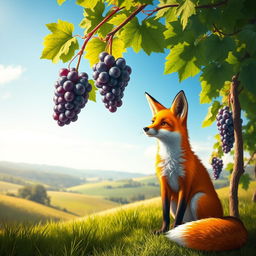 A picturesque landscape scene featuring a sly fox elegantly positioned near a bunch of ripe, juicy grapes hanging from lush vines