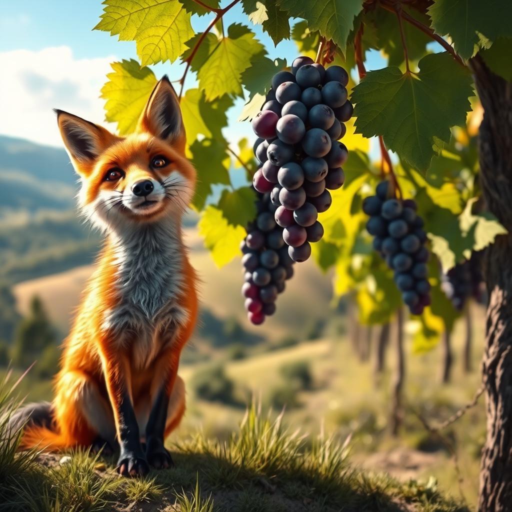 A picturesque landscape scene featuring a sly fox elegantly positioned near a bunch of ripe, juicy grapes hanging from lush vines