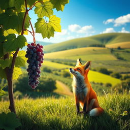 A picturesque landscape scene featuring a sly fox elegantly positioned near a bunch of ripe, juicy grapes hanging from lush vines