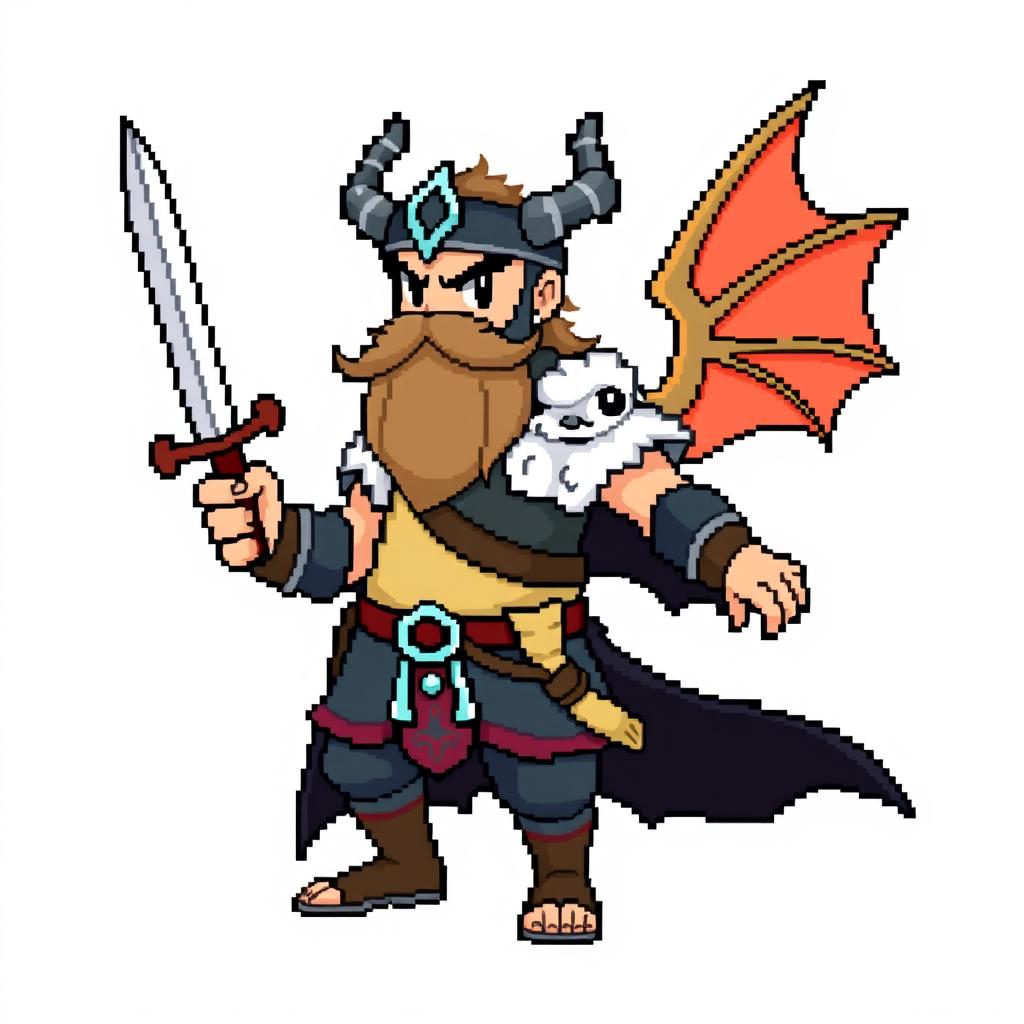 A full-body sprite of a Pokemon trainer designed in the style of 5th generation graphics, inspired by Norse Vikings