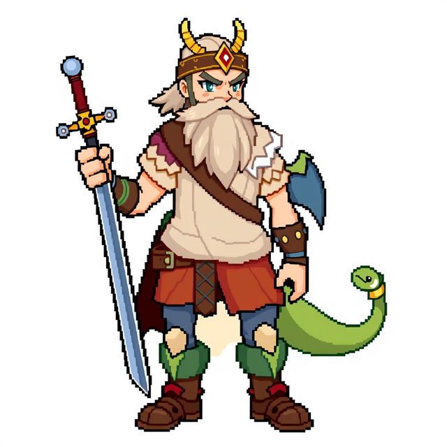 A full-body sprite of a Pokemon trainer designed in the style of 5th generation graphics, inspired by Norse Vikings