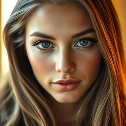 A stunning portrait of a young woman with captivating features, emphasizing her perfectly positioned eyes and radiant skin