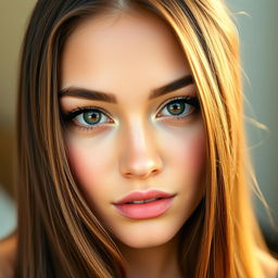 A stunning portrait of a young woman with captivating features, emphasizing her perfectly positioned eyes and radiant skin