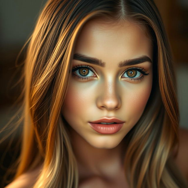 A stunning portrait of a young woman with captivating features, emphasizing her perfectly positioned eyes and radiant skin