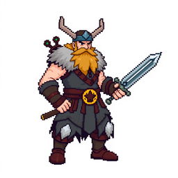 A pixel art sprite of a Pokémon trainer, inspired by Norse Vikings, full body
