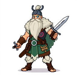 A pixel art sprite of a Pokémon trainer, inspired by Norse Vikings, full body