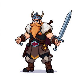A pixel art sprite of a Pokémon trainer, inspired by Norse Vikings, full body