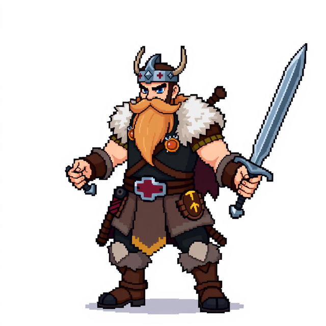 A pixel art sprite of a Pokémon trainer, inspired by Norse Vikings, full body
