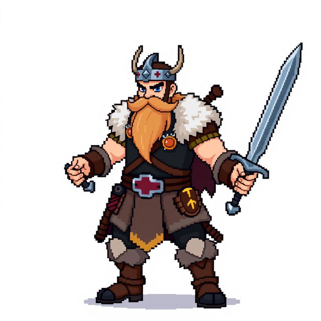 A pixel art sprite of a Pokémon trainer, inspired by Norse Vikings, full body