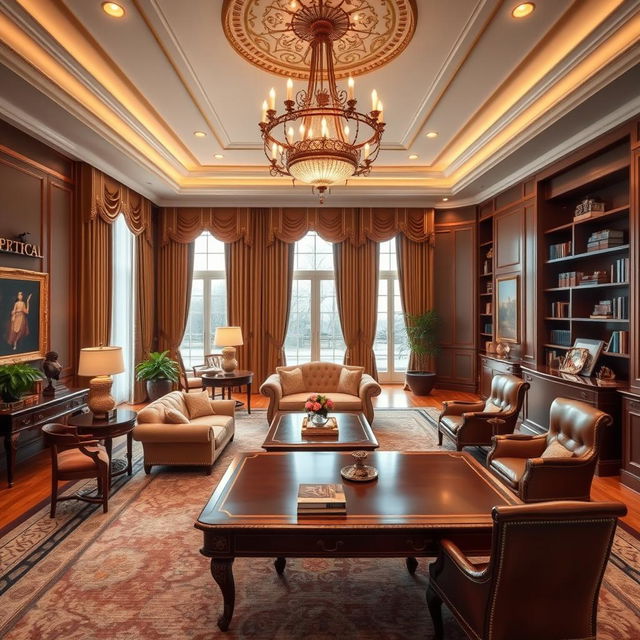 A luxurious presidential office featuring a spacious, elegant living room and a sophisticated meeting area