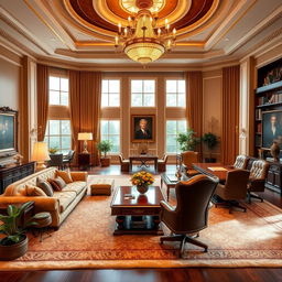 A luxurious presidential office featuring a spacious, elegant living room and a sophisticated meeting area