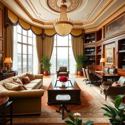 A luxurious presidential office featuring a spacious, elegant living room and a sophisticated meeting area