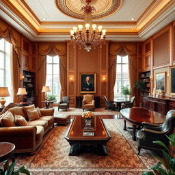 A luxurious presidential office featuring a spacious, elegant living room and a sophisticated meeting area
