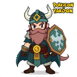 A full-body sprite of a Pokemon trainer inspired by Norse Vikings, designed in 5th generation pixel art style for Pokemon Essentials