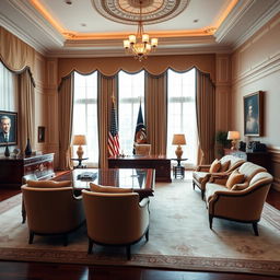 A luxurious presidential office that includes a stylish living room and meeting area