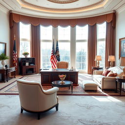 A luxurious presidential office that includes a stylish living room and meeting area