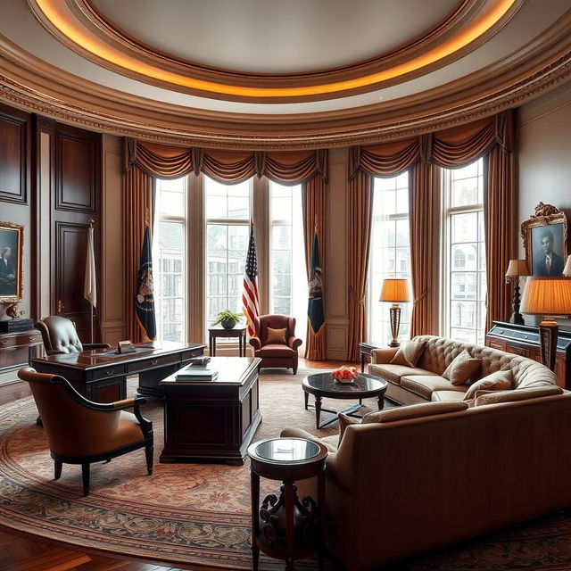 A luxurious presidential office that includes a stylish living room and meeting area