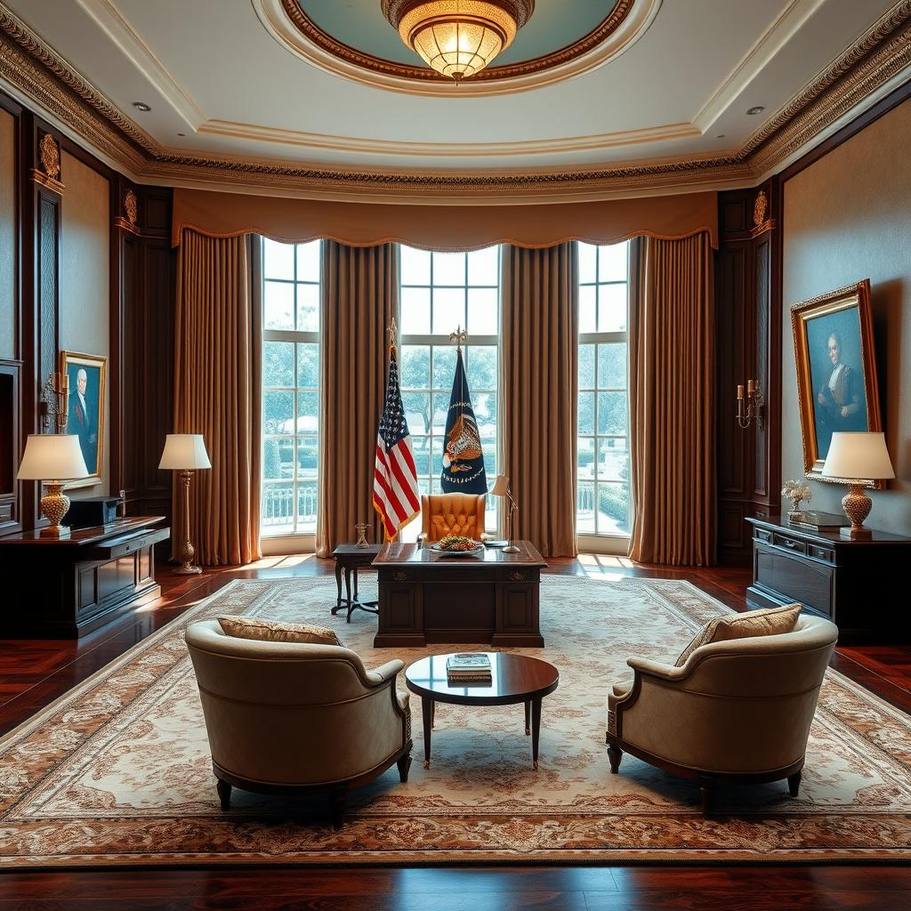 A luxurious presidential office that includes a stylish living room and meeting area