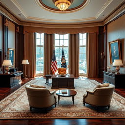 A luxurious presidential office that includes a stylish living room and meeting area