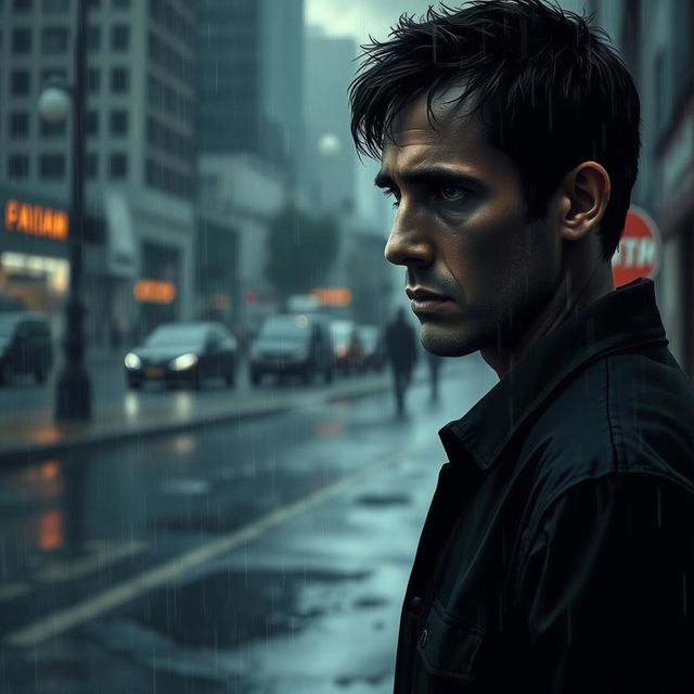 A scene depicting a solitary man standing in the rain, tears merging with raindrops flowing down his face