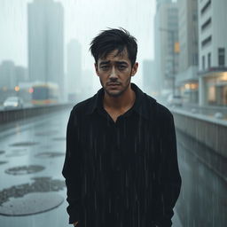 A scene depicting a solitary man standing in the rain, tears merging with raindrops flowing down his face