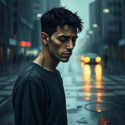 A scene depicting a solitary man standing in the rain, tears merging with raindrops flowing down his face