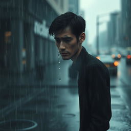A scene depicting a solitary man standing in the rain, tears merging with raindrops flowing down his face