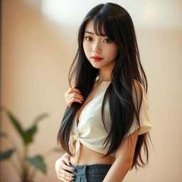 A stunning Japanese girl with medium height, possessing an almost perfect physique
