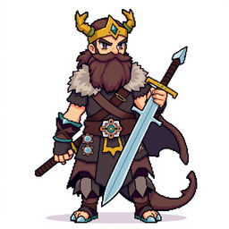 A full body pixel sprite style Pokémon trainer inspired by Norse Vikings, featuring a bearded warrior with traditional Viking attire, including fur accents and intricate patterns