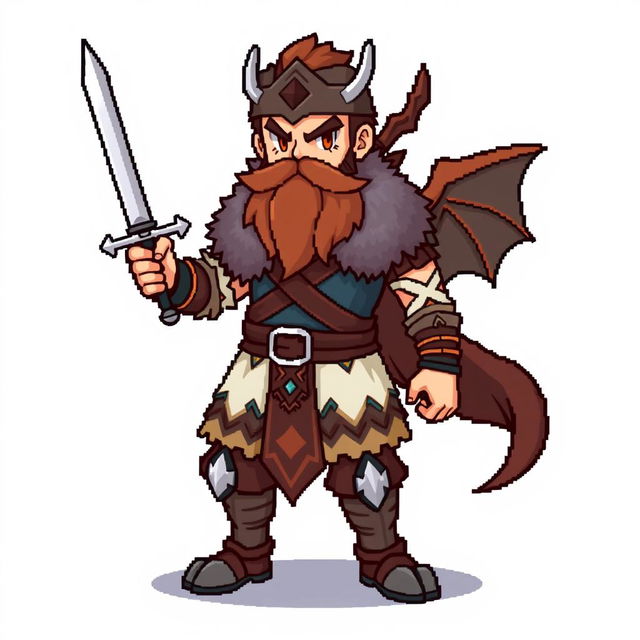 A full body pixel sprite style Pokémon trainer inspired by Norse Vikings, featuring a bearded warrior with traditional Viking attire, including fur accents and intricate patterns