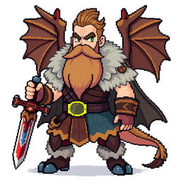 A full body pixel sprite style Pokémon trainer inspired by Norse Vikings, featuring a bearded warrior with traditional Viking attire, including fur accents and intricate patterns