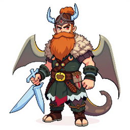 A full body pixel sprite style Pokémon trainer inspired by Norse Vikings, featuring a bearded warrior with traditional Viking attire, including fur accents and intricate patterns
