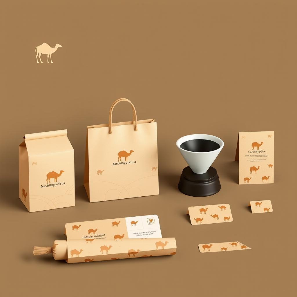 A complete visual identity design for an online store selling V60 coffee preparation tools, inspired by camels and desert nature