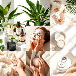A stylish Instagram account layout focused on skincare, featuring beautiful, aesthetic images of various skincare products like serums, moisturizers, and face masks arranged artfully