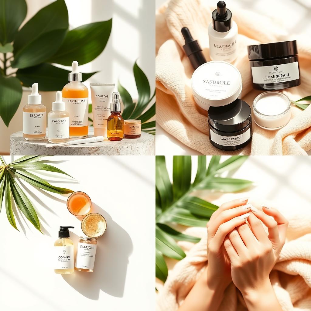 A stylish Instagram account layout focused on skincare, featuring beautiful, aesthetic images of various skincare products like serums, moisturizers, and face masks arranged artfully