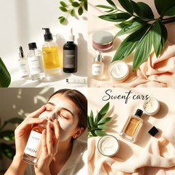 A stylish Instagram account layout focused on skincare, featuring beautiful, aesthetic images of various skincare products like serums, moisturizers, and face masks arranged artfully