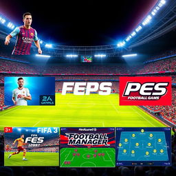 A colorful and dynamic composition of various football games popular among players and fans