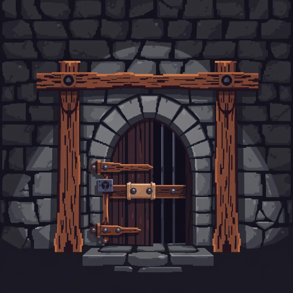 Pixel art representation of a 2D medieval prison gate viewed from the side