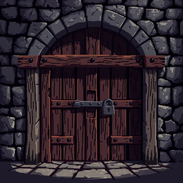 Pixel art representation of a 2D medieval prison gate viewed from the side