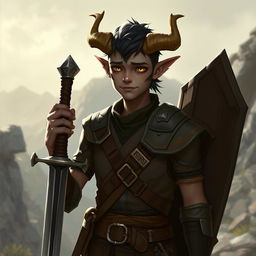 A young male Tiefling character depicted with a tall, slim, yet muscular build, exuding a kind and approachable demeanor despite appearing tired
