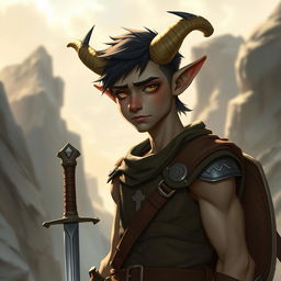 A young male Tiefling character depicted with a tall, slim, yet muscular build, exuding a kind and approachable demeanor despite appearing tired