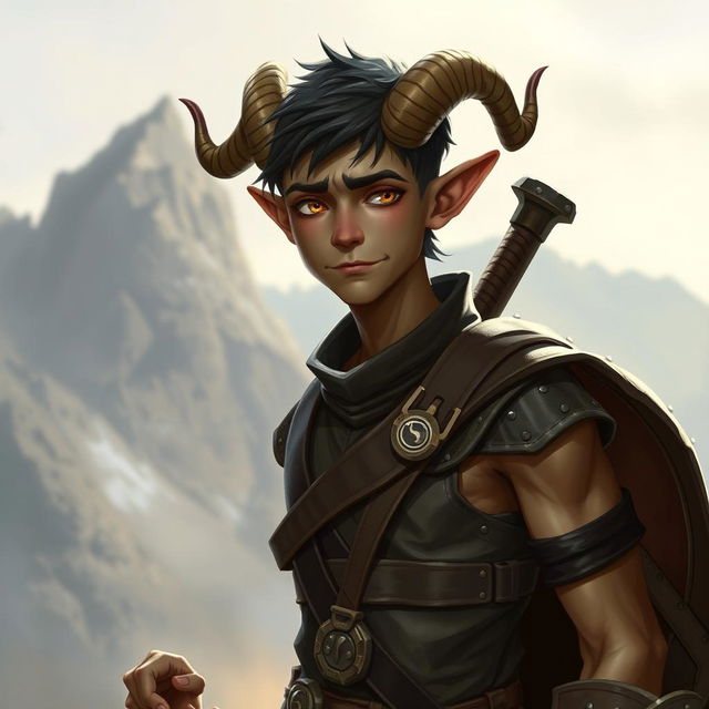 A young male Tiefling character depicted with a tall, slim, yet muscular build, exuding a kind and approachable demeanor despite appearing tired